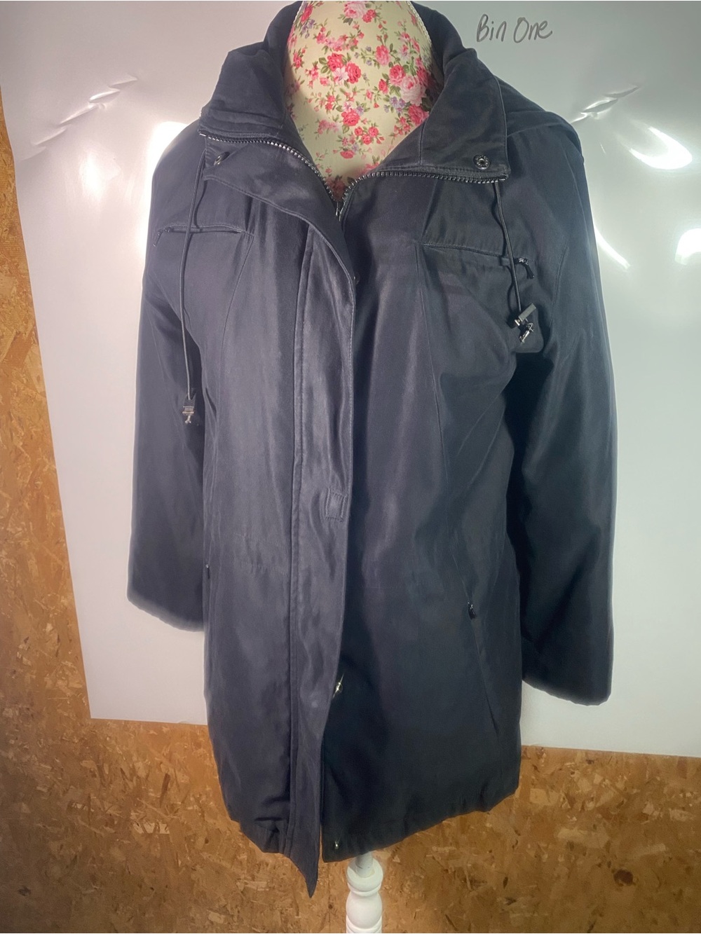 Jones New York Black Hooded Trench Coat with Drawcords